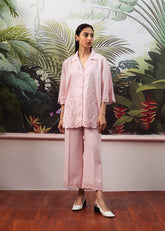 LaRosa Summer Dreams Genevieve pink cotton nightwear set for women, featuring embroidered baby pink co-ord with lapel collar and culottes.
Front View.